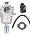 Carburetor Replacement Kit For 17.5HP To 21HP Lawn Mower And Tractor Engines, Drop In, parts layout including carburetor, gasket, fuel line.
