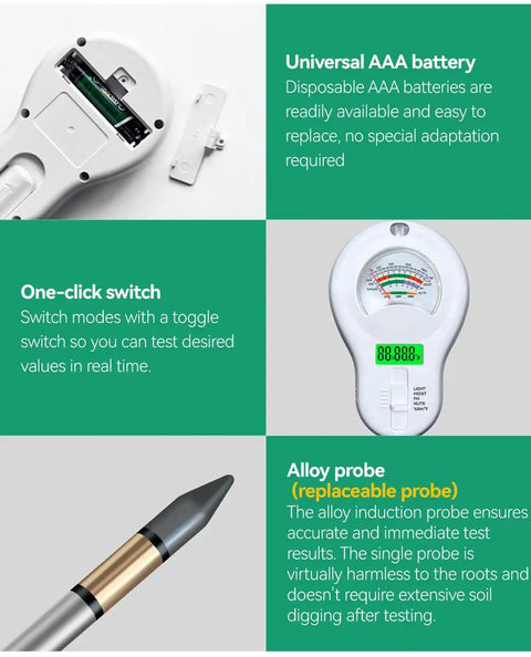All In One Garden Sensor With Removable Probe For Soil Moisture And PH Testing Plus Fertility, Sunlight Intensity, Temperature And Humidity Readouts For Gardens, Lawns And Farms AAA Battery Included showing battery compartment, switch, and probe.