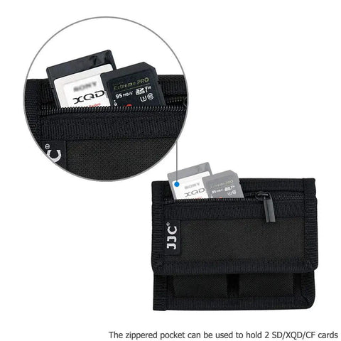 Durable Camera Battery Pouch Case For 2 Batteries With Zipped Card Pocket, showing memory cards in pocket.