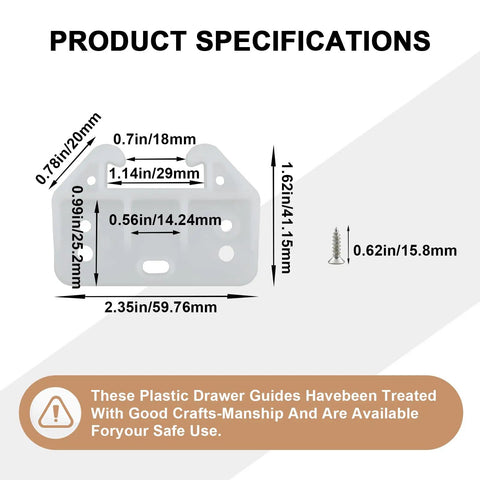Top Shelf Bottom Mount Drawer Slide Guides 12 Pack Plastic Track Rails specifications with dimensions, ideal for furniture repair.