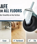Smooth Rolling M6 Threaded Stem Caster Wheels 2 Inch TPR Rubber Swivel showing use on carpet, hardwood, and tile surfaces.
