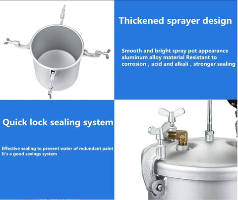 Top Shelf 10 Liter Pneumatic Paint Pressure Pot With Upgraded Six Hole Spray Gun showing thickened sprayer design and quick lock sealing system.