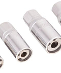Sunex 8804M One-Half Inch Drive Four Piece Metric Stud Puller Set With 6 8 10 And 12 Millimeter Socket Sizes In Durable Metal Case showing four chrome sockets.