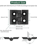 4 Piece Zinc Alloy Hinge For M4 2020 Aluminum Profile Extrusion With 180 Degree Adjustable Swing Includes 16 M4 Groove Nuts 16 M4x10 Screws And 3mm Wrench All In One Hardware Kit For Quick DIY Install. Black hinge size diagram with 30mm and 38mm measurements