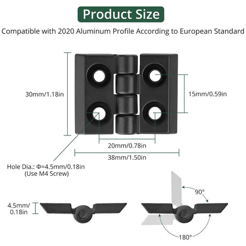 4 Piece Zinc Alloy Hinge For M4 2020 Aluminum Profile Extrusion With 180 Degree Adjustable Swing Includes 16 M4 Groove Nuts 16 M4x10 Screws And 3mm Wrench All In One Hardware Kit For Quick DIY Install. Black hinge size diagram with 30mm and 38mm measurements