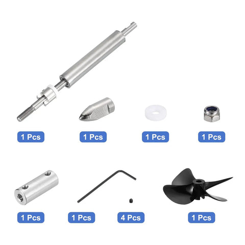 RC Boat Drive Shaft Kit With Four Propellers And Coupling Joint, 100mm Shaft, 50mm Sleeve, 55mm Propellers, Fits 5mm Motor Shaft, DIY Marine Boat Upgrade For Speed And Stability, Plug And Play Assembly, 304 stainless steel parts laid out