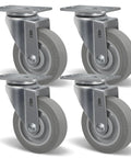 Four Inch Non Marking Thermo Rubber Caster Wheels Set Of Four Swivel Industrial Grade Heavy Duty Casters For Cart Furniture And Workbench With Floor Protection And Quiet Rolling 1200 Pound Load Capacity, shown from side angle.