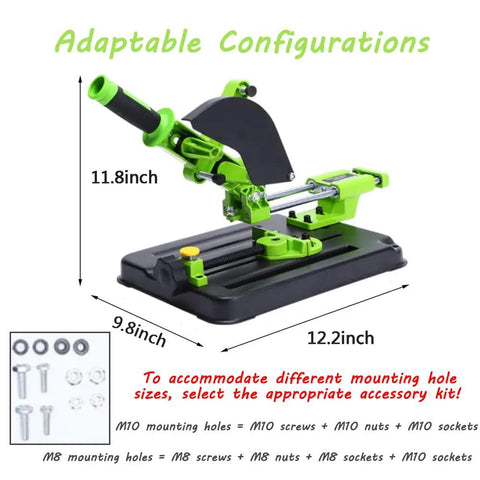 Sliding Angle Grinder Stand For 100mm 115mm 125mm Grinders, DIY Cutter Support Aluminum Bracket with Iron Base, dimensions labeled.