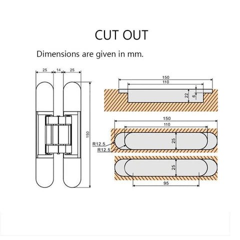 Technical drawing showing dimensions for Concealed Door Hinges Heavy Duty Invisible 3D Adjustable Pair for Doors.
