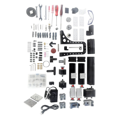 FTVOGUE 10 In 1 Mini Lathe Combo Machine Tool parts including screws, wrenches, motor components, and accessories for DIY projects.