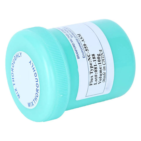 No Clean Flux Paste For Electronics And PCB Repair NC-559-ASM 28um in 100g turquoise jar with label visible