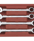 Ratcheting SAE Wrench Set Four Piece 12 Point Box End Tools Built Tough For Quick Tightening, spanners in a red tray