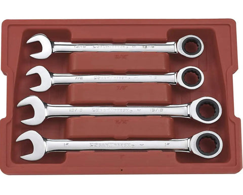 Ratcheting SAE Wrench Set Four Piece 12 Point Box End Tools Built Tough For Quick Tightening, spanners in a red tray