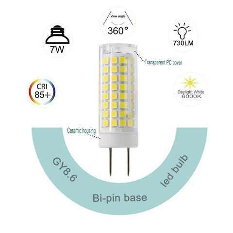 Supersbright Cabinet Glow Up With This 7W GY8.6 Led Bulb Bi Pin Base, Total 730 Lumens Replaces 75W Halogen, No Sweat Undercounter Kitchen Lighting, Tough Ceramic Housing, 6000K Daylight White, 2 Pack