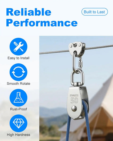 Two Pack M50 304 Stainless Steel Wire Rope Crane Pulley Block Heavy Duty Rust Resistant Moisture Proof Design Rugged Pulley Block For Hoists Winches And Lifting Equipment, 50mm