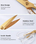 Gold Titanium Plated Kitchen Shears, 7.7 Inch Heavy Duty All Purpose Scissors For Meat, Poultry, And Everyday Kitchen Tasks, Stainless Steel With Acrylic Handle, Dishwasher Safe, Diamond Clear Finish, close-up of rivet, blade, and handle
