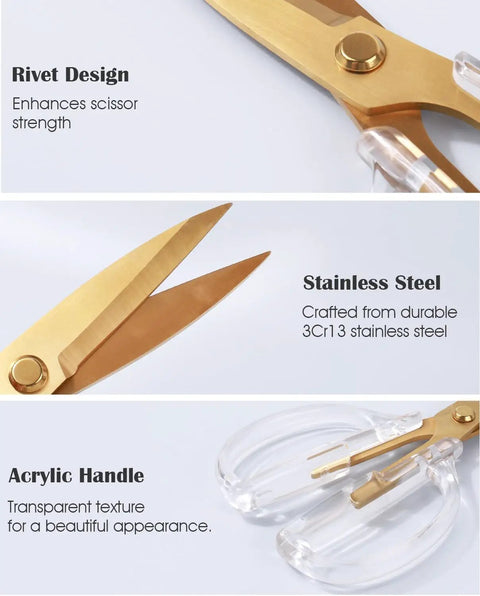 Gold Titanium Plated Kitchen Shears, 7.7 Inch Heavy Duty All Purpose Scissors For Meat, Poultry, And Everyday Kitchen Tasks, Stainless Steel With Acrylic Handle, Dishwasher Safe, Diamond Clear Finish, close-up of rivet, blade, and handle