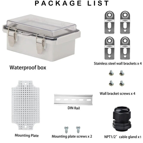 Weatherproof IP67 Electrical Junction Box With Mounting Plate 15 x 11 x 5.1 Inches package contents including brackets and cable gland