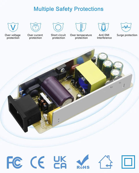 Internal view of 12V 5A LED Strip Power Supply, 60W AC to DC Adapter with safety features, built for 5050 and 3528 LED strips