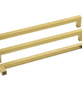 Three brushed brass cabinet drawer pulls set for kitchen and furniture, sleek modern square handles, 10 inch hole center, about 10.5 inch long
