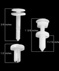 50 Pack White Nylon Car Door Panel Retainer Clips Straight Swap Fits GM 15960325 showing sizes 1 3/8in, 1/2in, and 11/16in for Chevy trucks.