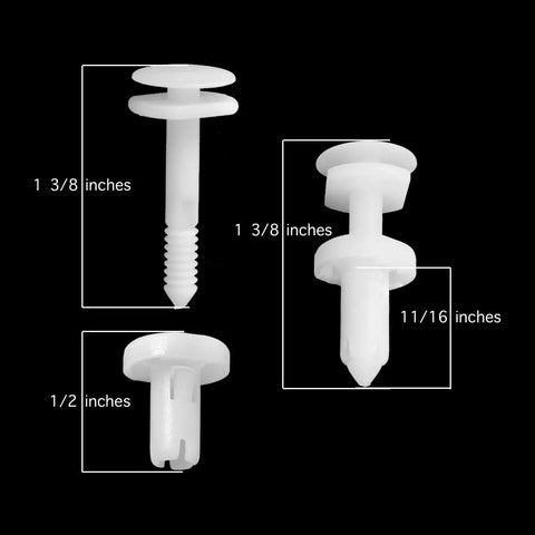 50 Pack White Nylon Car Door Panel Retainer Clips Straight Swap Fits GM 15960325 showing sizes 1 3/8in, 1/2in, and 11/16in for Chevy trucks.