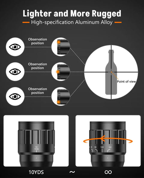 Infographic of 3-9x32 AO Rifle Scope With R4 Reticle And 20mm Mounts detailing observation points and rugged aluminum design