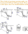 Diagram showing installation angles for Two Pack Heavy Duty Crate Soft Close Hinges With Lid Support For Toy Boxes Wooden Crates Cabinets.