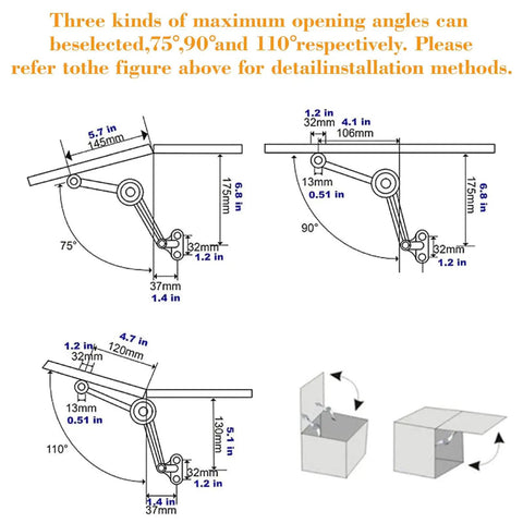 Diagram showing installation angles for Two Pack Heavy Duty Crate Soft Close Hinges With Lid Support For Toy Boxes Wooden Crates Cabinets.