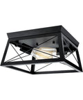 Two Light Flush Mount Ceiling Light Fixture In Matte Black With Open Cage Metal Frame, side view.