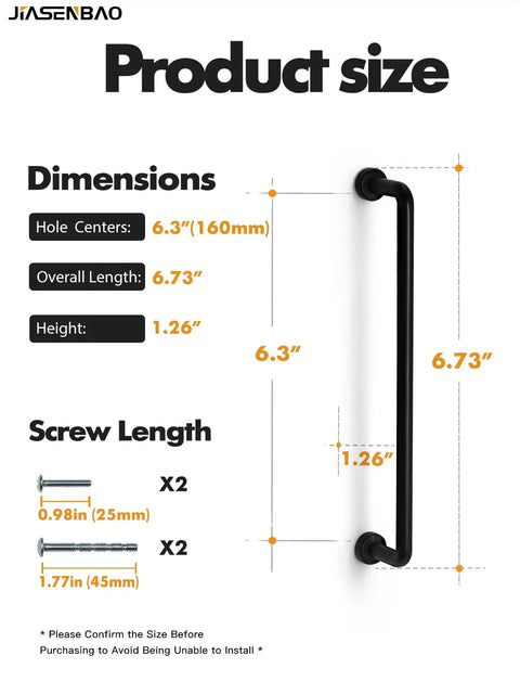 Black Cabinet Bar Pulls 6.3 Inch Center 10 Pack Classic Modern Matte Drawer Handles with dimensions and screw lengths.