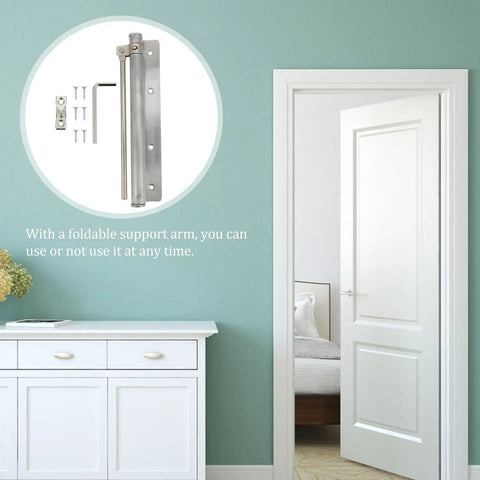 Automatic Stainless Steel Door Closer With Adjustable Tension And Quiet Spring Buffer shown with easy installation tools
