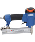 Real Deal 18 Gauge Pneumatic Brad Naler For Serious Carpentry And Upholstery Jobs Air Powered Naling Tool Built Different For 3 8 To 1 3 16 Inch Fasteners With Zero Jam Trigger side view of blue air nailer with ergonomic grip