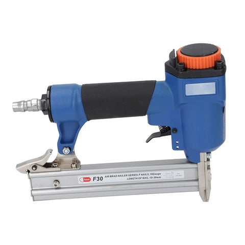 Pro Tough 18 Gauge Pneumatic Brad Nailer Compact Air Powered Hand Tool for woodworking with soft grip and metal body.