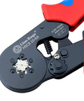 Close-up of HSC8 10-6 Ferrule Crimping Pliers, black and red, designed for crimping insulated terminals in electrical repairs.