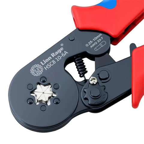 Close-up of HSC8 10-6 Ferrule Crimping Pliers, black and red, designed for crimping insulated terminals in electrical repairs.