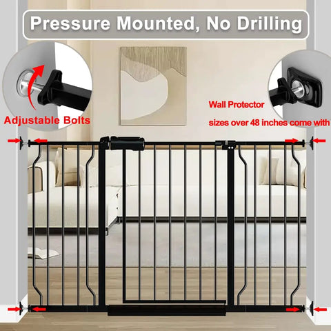 Extra Wide Baby Gate For Doorways 53 To 57.5 Inches Walk Through Pressure Mounted No Drill With Extensions 30 Inch Tall Tension Gate Ideal For Kids And Pets With An Easy Swing Door in a living room setting.
