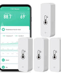 Smart WiFi Hygrometer Thermometer 4 Pack For Home Temperature And Humidity Monitoring With Tuya App No Hub Needed Real Time Alerts Remote Monitoring Indoor Temperature Humidity Graphs History Records Alexa Compatible, four white sensors and app