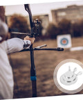 Close-up of an archer aiming at a target with overlay of Six Piece Stainless Steel Gong Shooting Targets For Practice And Training
