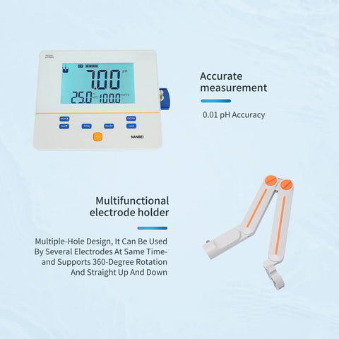 Pro Grade Lab Benchtop pH Meter Kit With 0.01 pH Accuracy, Auto One To Two Point Calibration, digital display and electrode holder