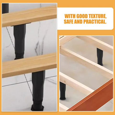 Four Piece Adjustable Furniture Leg Set For Beds And Dining Tables with heavy-duty steel and plastic feet installed on wooden frame