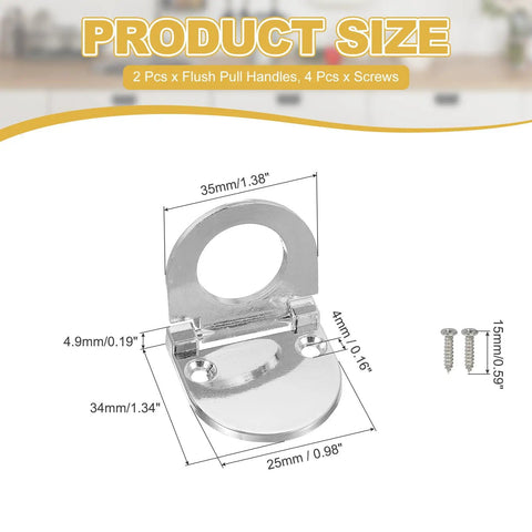 Straight Up Sleek Flush Ring Pull, Two Pack Low Profile Drawer Handles, Solid Zinc Alloy Cabinet Hardware, Brushed Silver, size measurements and screws shown.