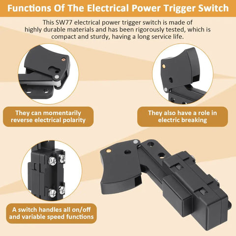 Real Tough SW77 Trigger Switch Replacement For Skil Bosch Ryobi Ridgid Worm Drive Circular Saws showing electrical features and functions.