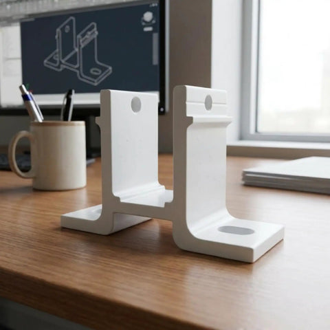 Outdoor Aluminum Awnings Carport Mounting Bracket with bent base and upright plates on desk, heavy duty construction hardware.