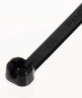 Close-up of Heavy Duty Cable Tie With Metal Locking Barb Dome Top Head Intermediate Size Weather Resistant Nylon 6.6 6.1 Inch Black 1000 Pack