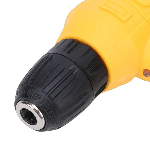 Close-up of the chuck on a Heavy Duty Cordless Electric Drill Kit With Ergonomic Soft Touch Grip And Rapid Bit Exchange.