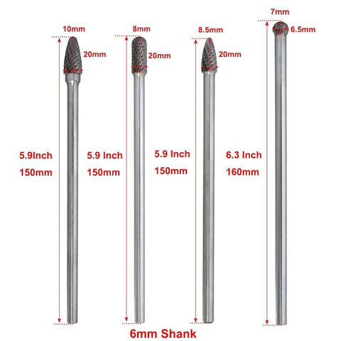 Bestgle 4-pack tungsten carbide rotary burrs, 6mm shank, 150–160mm length (front view)