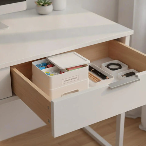 Stackable Plastic Storage Box With Lid For Desk Organization White PP Bin in drawer