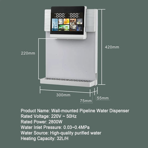 Wall Mounted Instant Hot Water Dispenser 2800W With 5 Temperature Levels And 5 Water Volume Settings, 32L Per Hour Heating Capacity