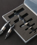 Heavy Duty Cobalt Center Drill Bit Set Top Shelf Gear For Beating Through Hard Metals Metric One Five Millimeter Five Piece setup in storage case.